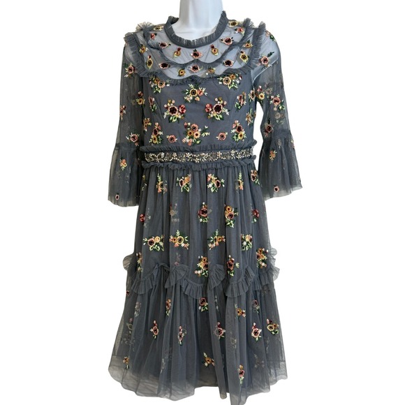 Needle & Thread Blue Floral Embroidered Tulle Midi Dress Fairy Prom Indie Folk - Picture 4 of 13